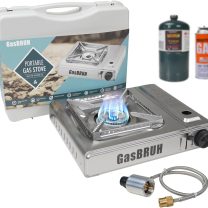 Propane or Butane Stove with Windblocker & Carry Case, Upgrade Dual Fuel 10000BTU Stainless Steel Portable Camping Gas Stove for Camping,Tailgating,Outdoor Cooking,Emergency(Fuel not included)
